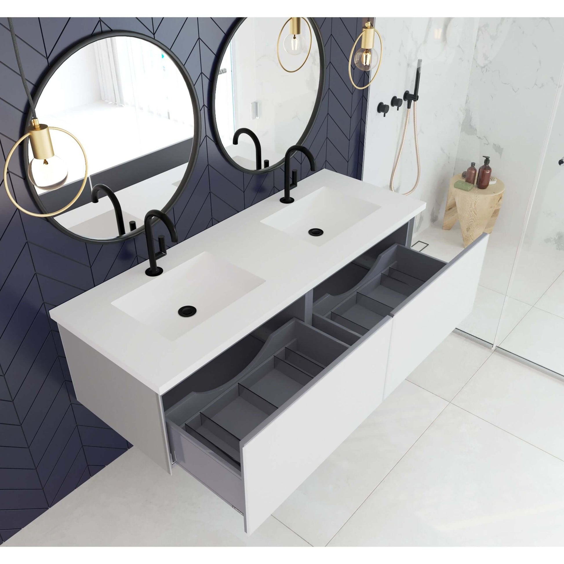 Vitri 60" Cloud White Double Sink Bathroom Vanity with VIVA Stone Matte White Solid Surface Countertop - 313VTR-60DCW-MW