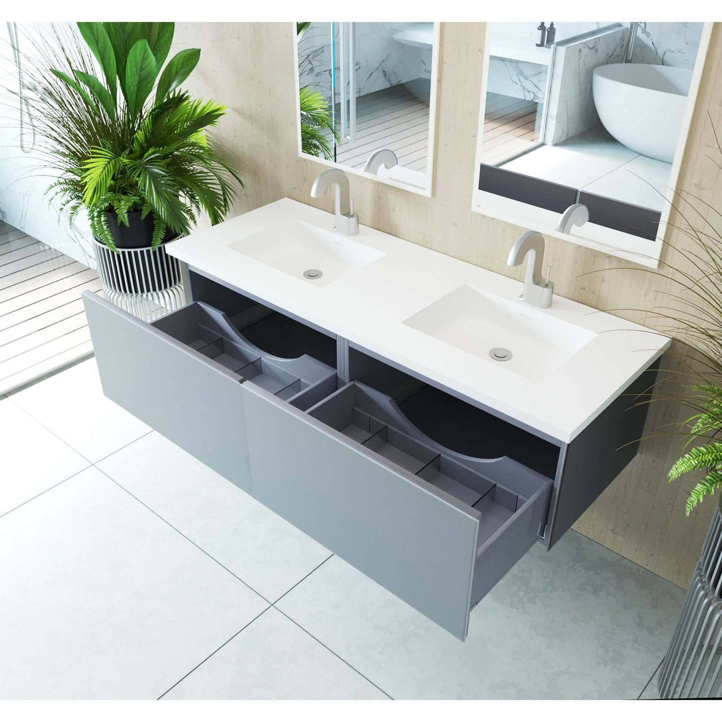 Vitri 60" Fossil Grey Double Sink Bathroom Vanity with VIVA Stone Matte White Solid Surface Countertop - 313VTR-60DFG-MW