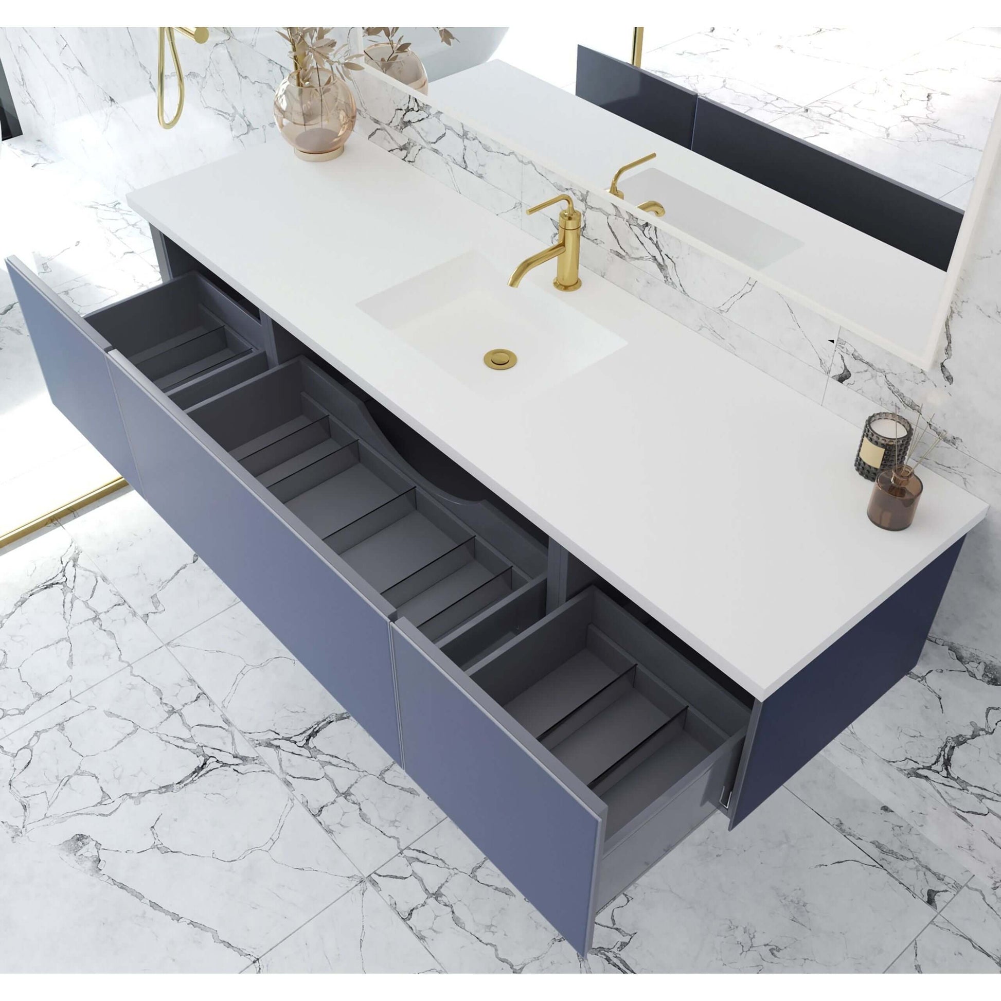 Vitri 72" Nautical Blue Single Sink Bathroom Vanity with VIVA Stone Matte White Solid Surface Countertop - 313VTR-72CNB-MW