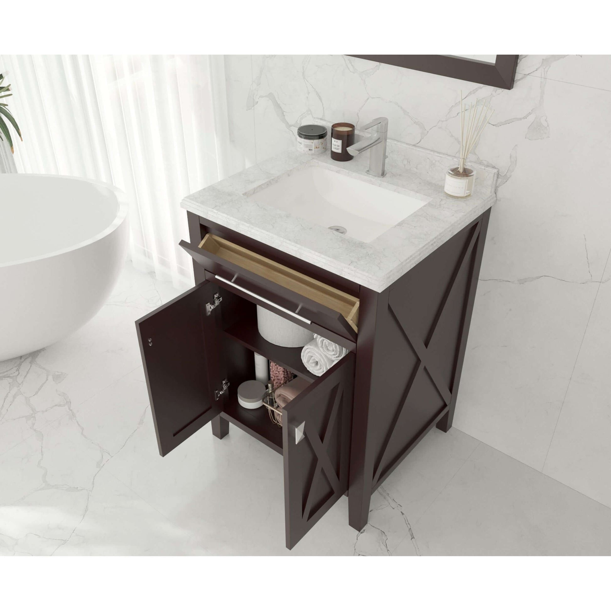 Wimbledon 24" Brown Bathroom Vanity with Matte White VIVA Stone Solid Surface Countertop - 313YG319-24B-MW