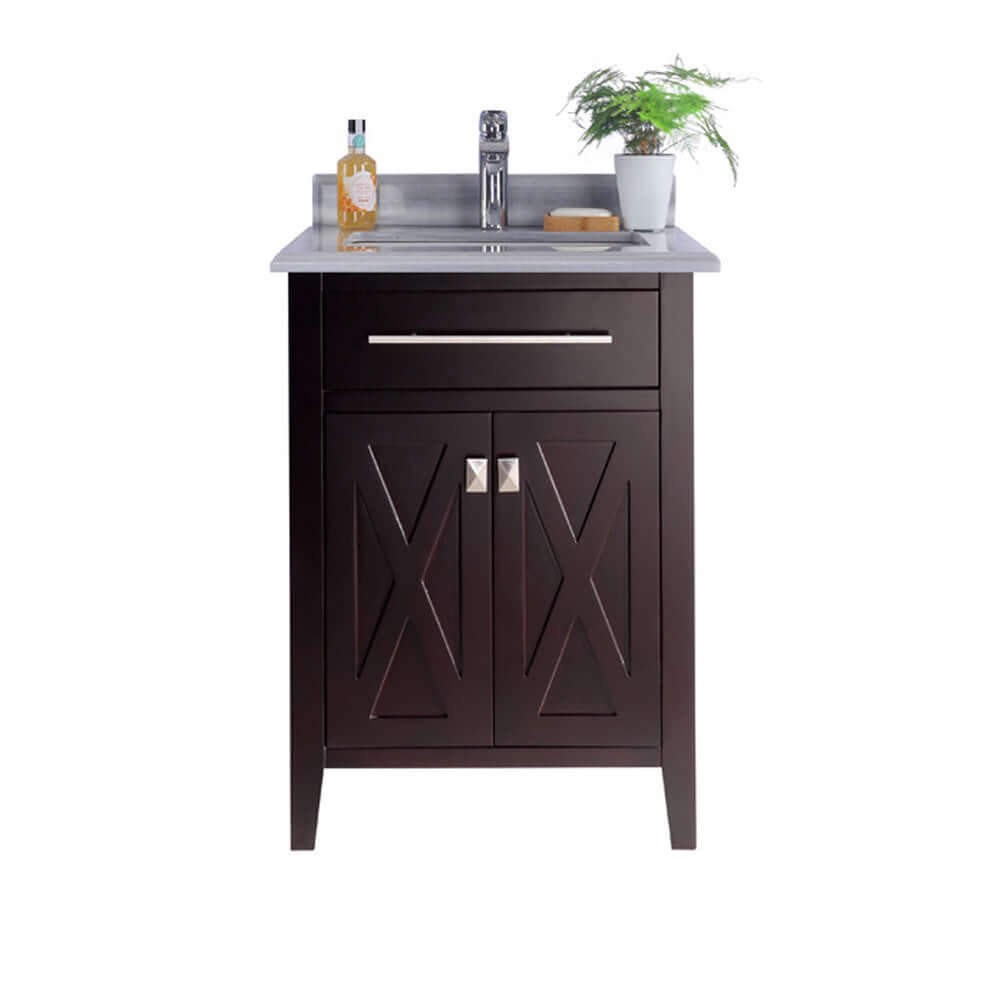 Wimbledon 24" Brown Bathroom Vanity with White Stripes Marble Countertop - 313YG319-24B-WS