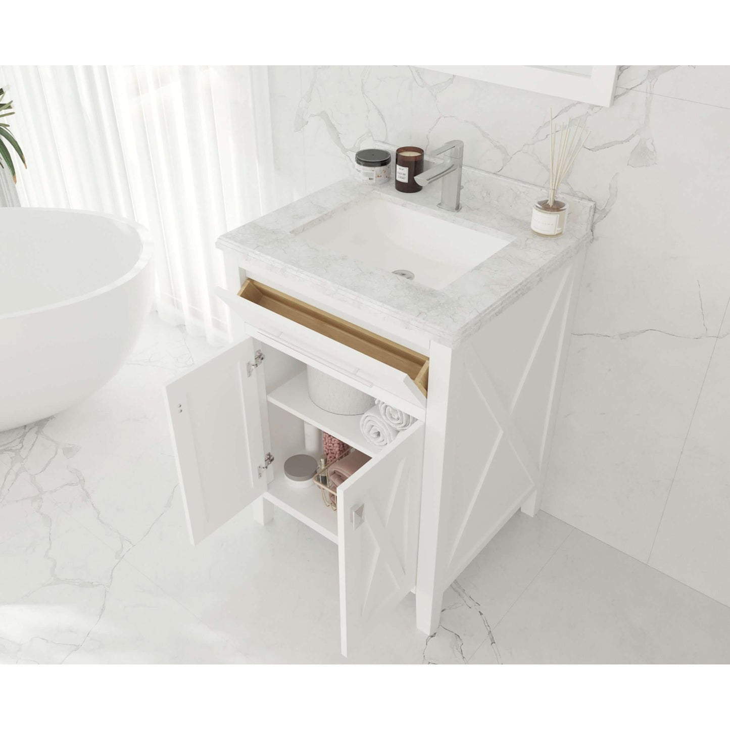 Wimbledon 24" White Bathroom Vanity with White Carrara Marble Countertop - 313YG319-24W-WC