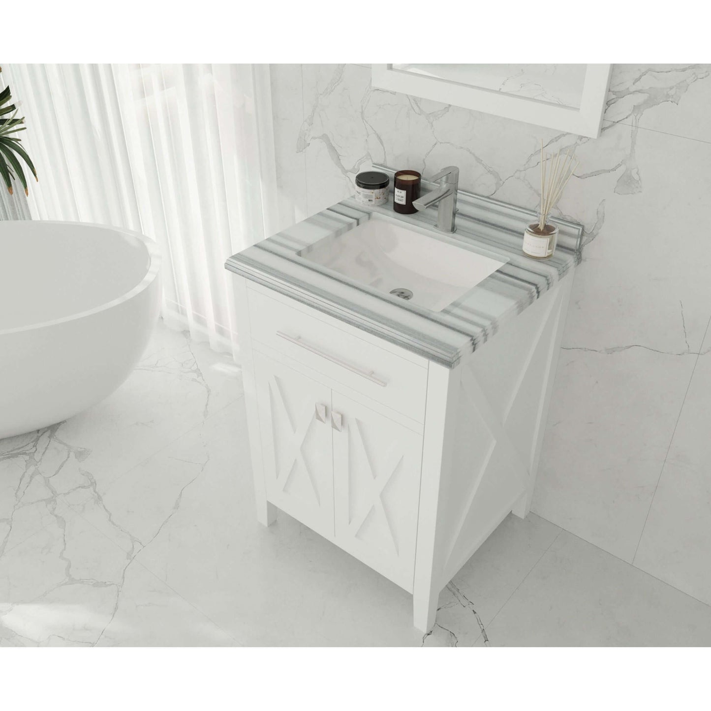 Wimbledon 24" White Bathroom Vanity with White Stripes Marble Countertop - 313YG319-24W-WS