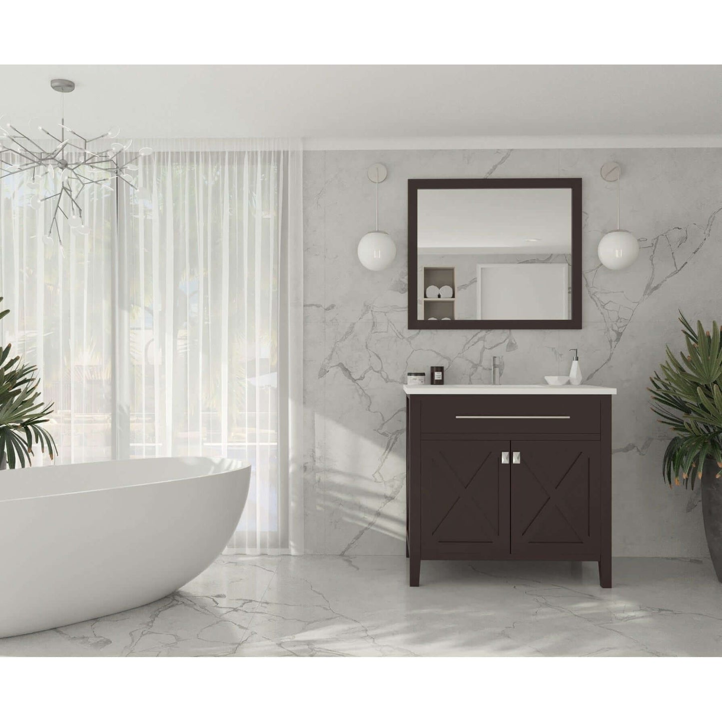 Wimbledon 36" Brown Bathroom Vanity with Matte White VIVA Stone Solid Surface Countertop - 313YG319-36B-MW