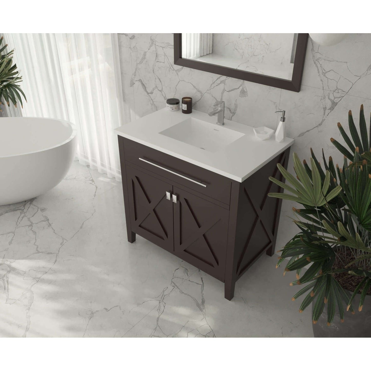 Wimbledon 36" Brown Bathroom Vanity with Matte White VIVA Stone Solid Surface Countertop - 313YG319-36B-MW