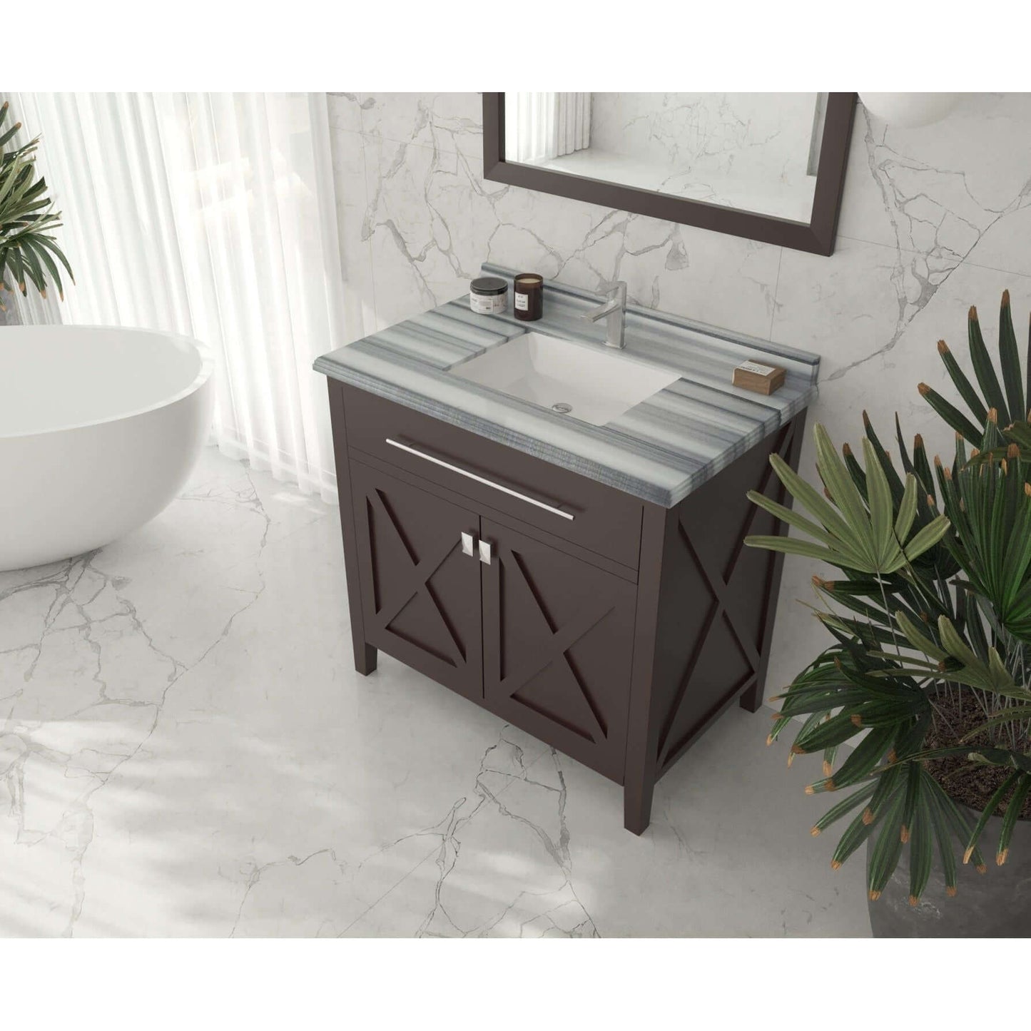 Wimbledon 36" Brown Bathroom Vanity with White Stripes Marble Countertop - 313YG319-36B-WS