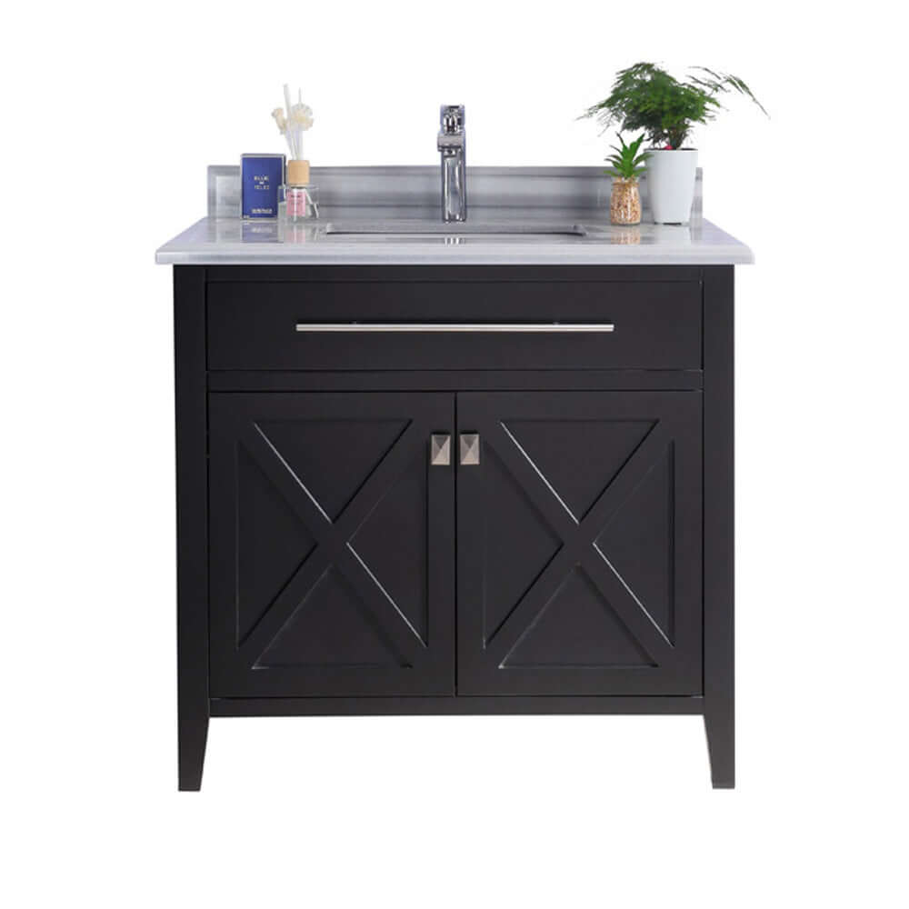 Wimbledon 36" Espresso Bathroom Vanity with White Stripes Marble Countertop - 313YG319-36E-WS