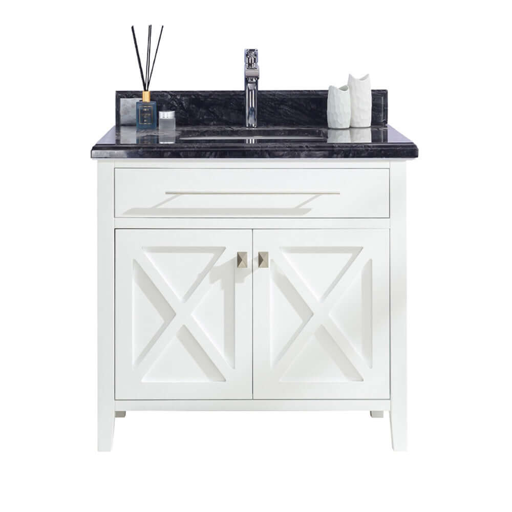 Wimbledon 36" White Bathroom Vanity with Black Wood Marble Countertop - 313YG319-36W-BW