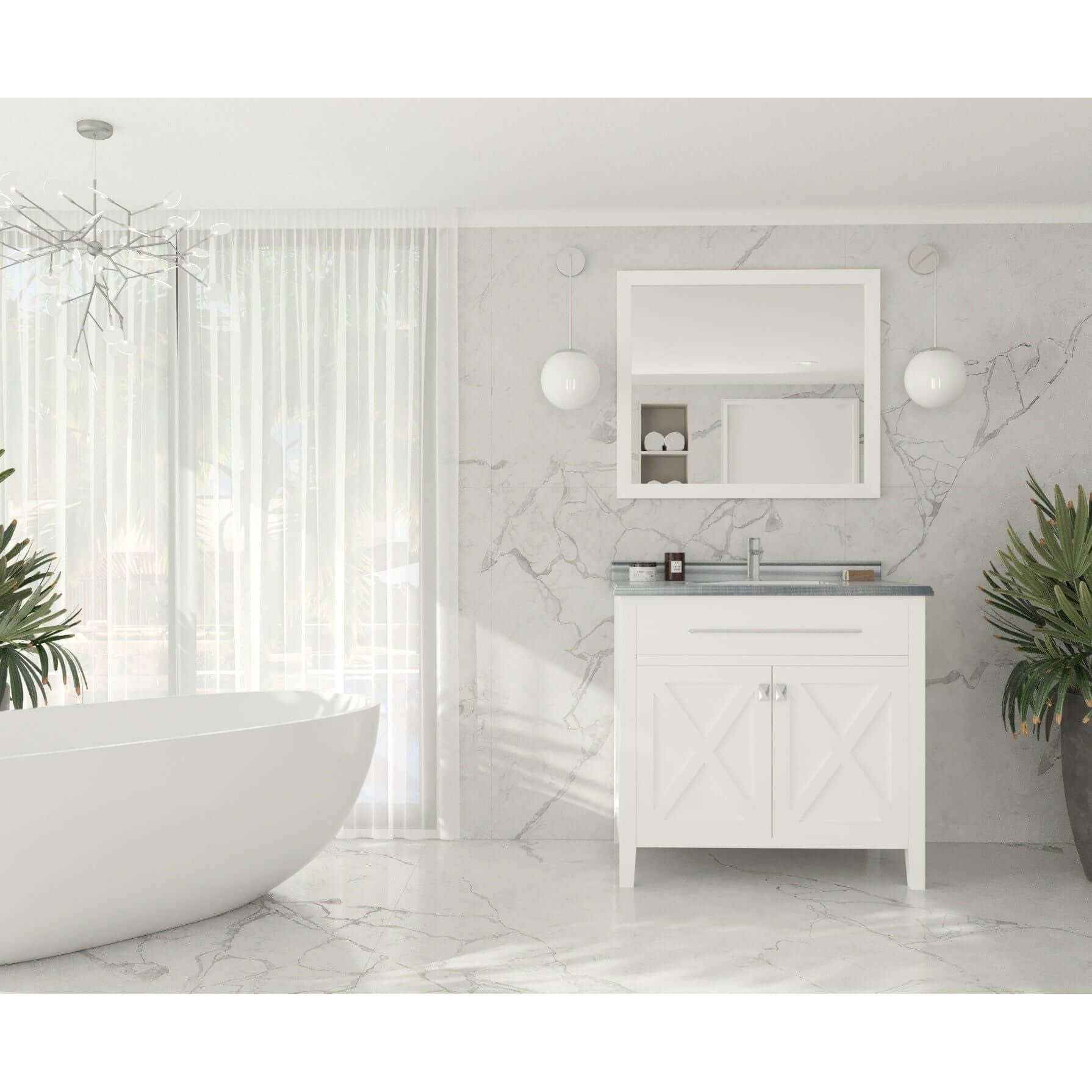 Wimbledon 36" White Bathroom Vanity with White Stripes Marble Countertop - 313YG319-36W-WS