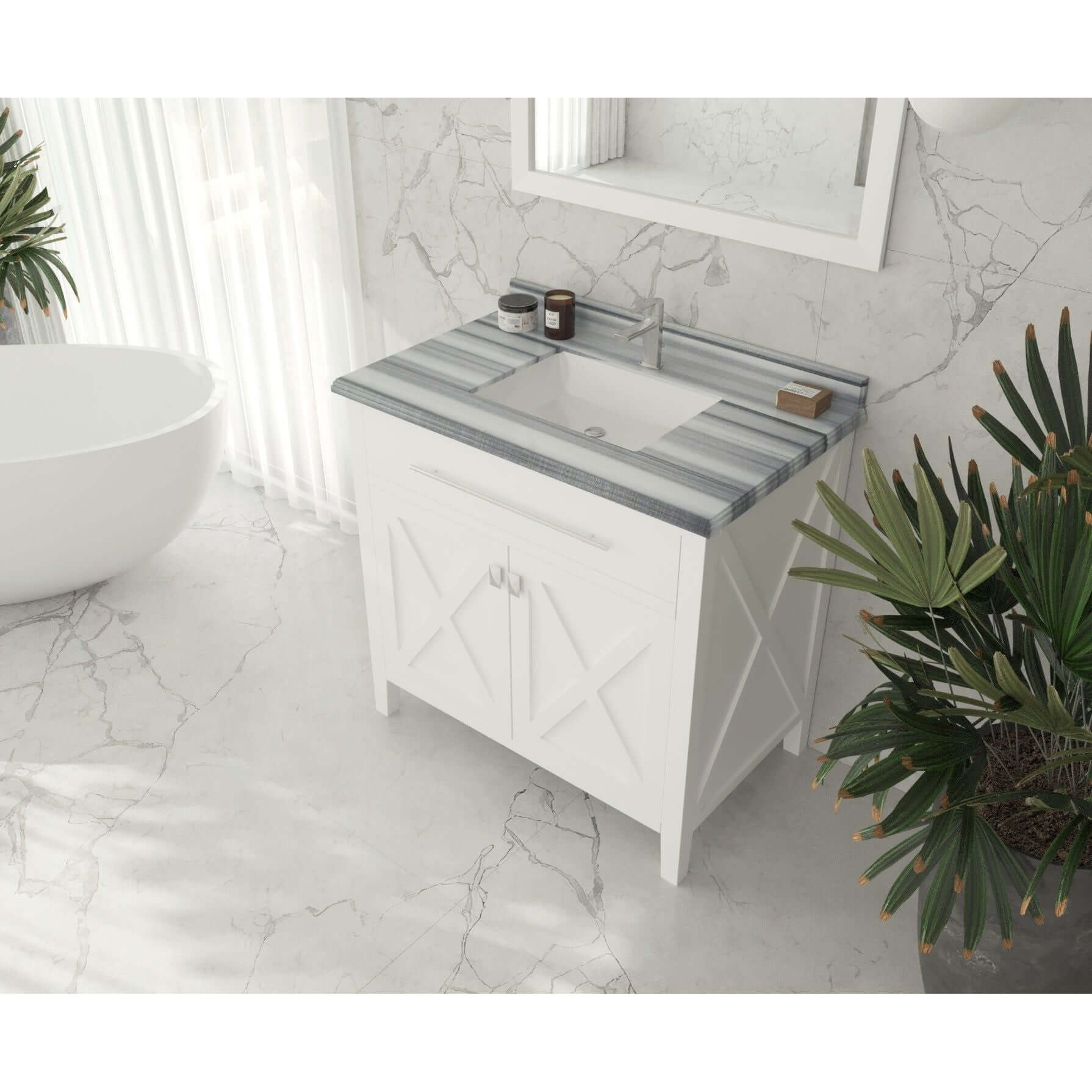 Wimbledon 36" White Bathroom Vanity with White Stripes Marble Countertop - 313YG319-36W-WS