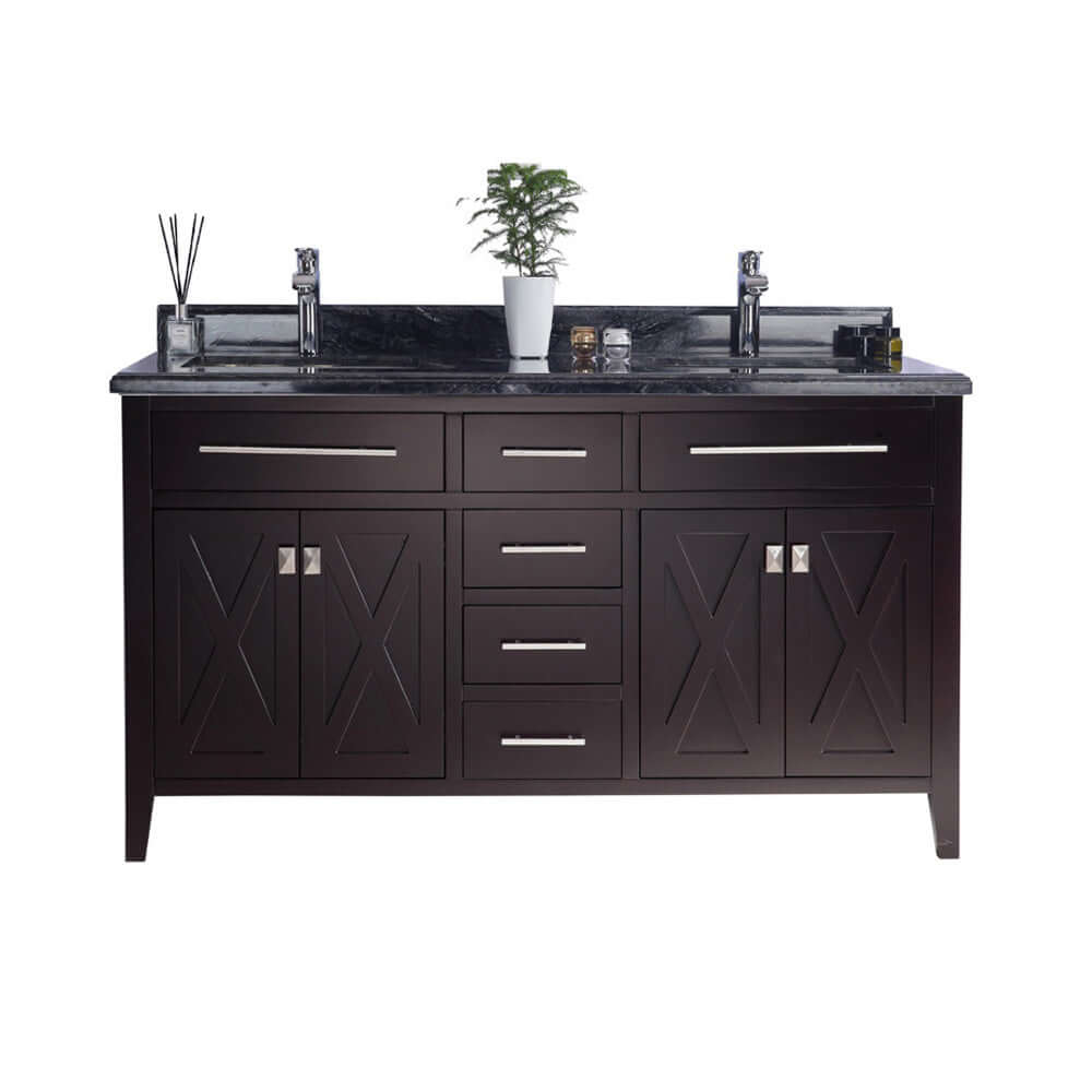 Wimbledon 60" Brown Double Sink Bathroom Vanity with Black Wood Marble Countertop - 313YG319-60B-BW