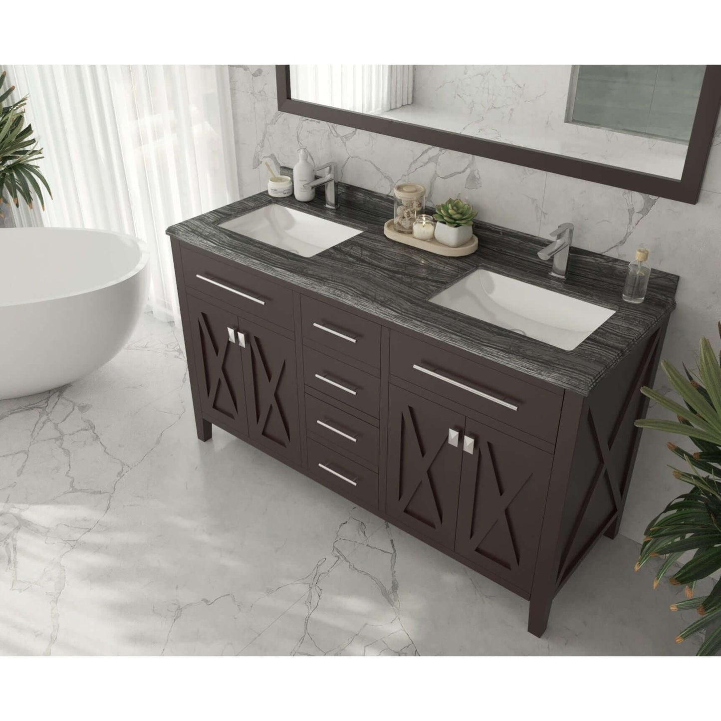 Wimbledon 60" Brown Double Sink Bathroom Vanity with Black Wood Marble Countertop - 313YG319-60B-BW