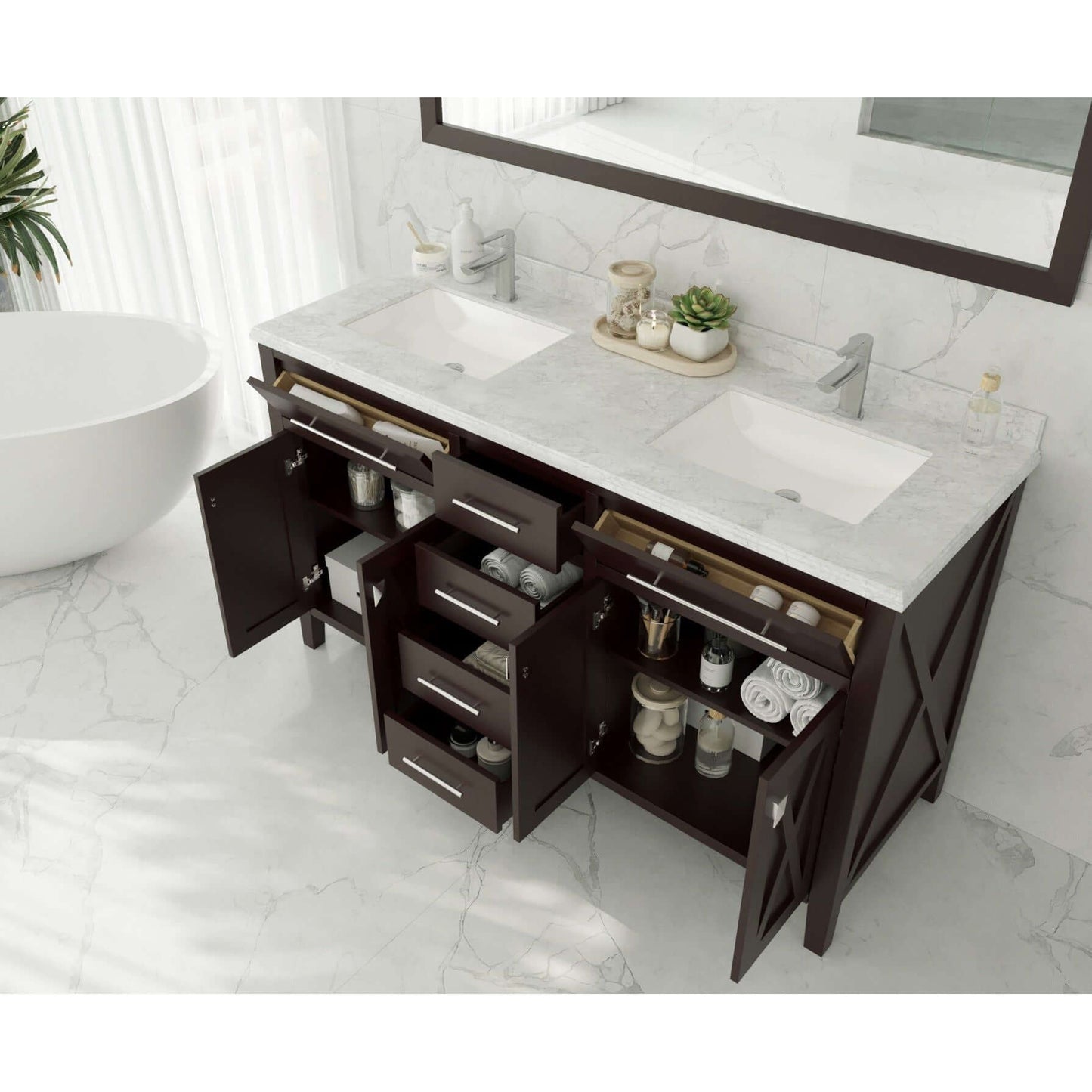 Wimbledon 60" Brown Double Sink Bathroom Vanity with Matte Black VIVA Stone Solid Surface Countertop - 313YG319-60B-MB