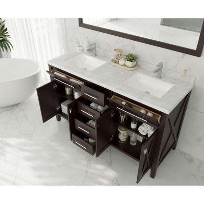 Wimbledon 60" Brown Double Sink Bathroom Vanity with Matte Black VIVA Stone Solid Surface Countertop - 313YG319-60B-MB