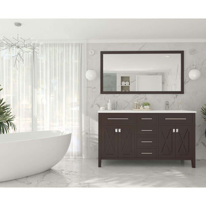 Wimbledon 60" Brown Double Sink Bathroom Vanity with Matte White VIVA Stone Solid Surface Countertop - 313YG319-60B-MW