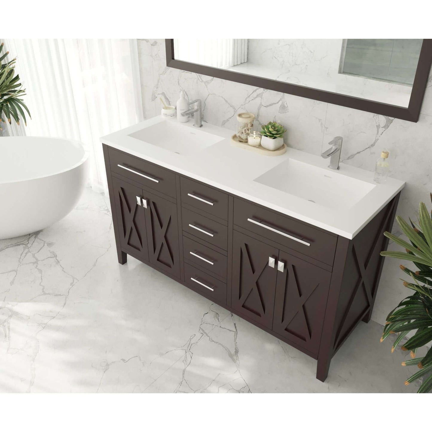 Wimbledon 60" Brown Double Sink Bathroom Vanity with Matte White VIVA Stone Solid Surface Countertop - 313YG319-60B-MW