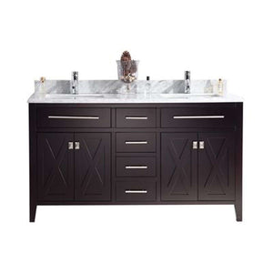 Wimbledon 60" Brown Double Sink Bathroom Vanity with White Carrara Marble Countertop - 313YG319-60B-WC