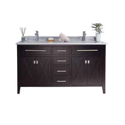 Wimbledon 60" Brown Double Sink Bathroom Vanity with White Stripes Marble Countertop - 313YG319-60B-WS