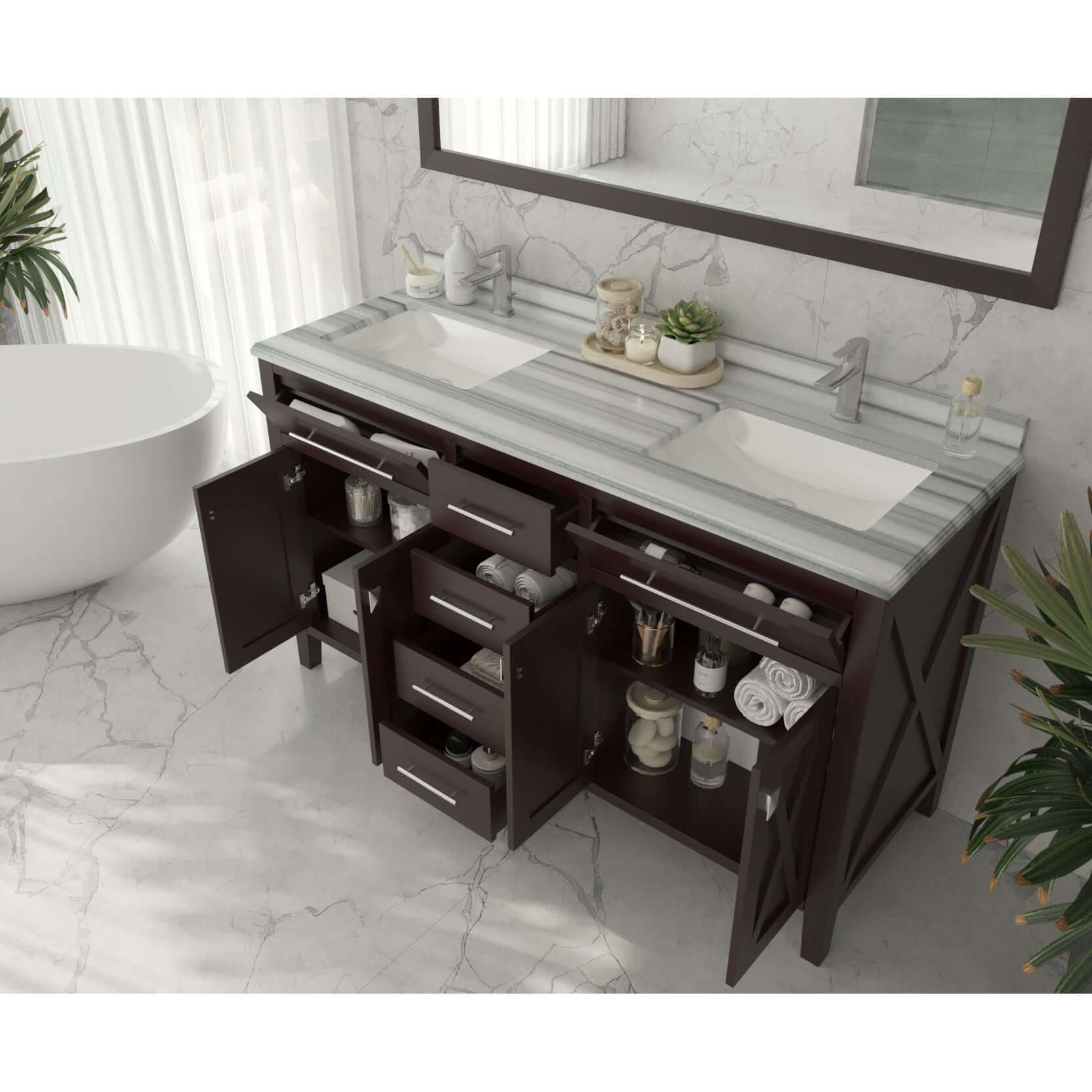 Wimbledon 60" Brown Double Sink Bathroom Vanity with White Stripes Marble Countertop - 313YG319-60B-WS