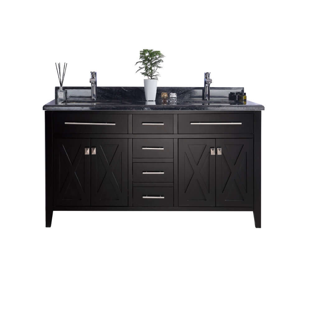 Wimbledon 60" Espresso Double Sink Bathroom Vanity with Black Wood Marble Countertop - 313YG319-60E-BW