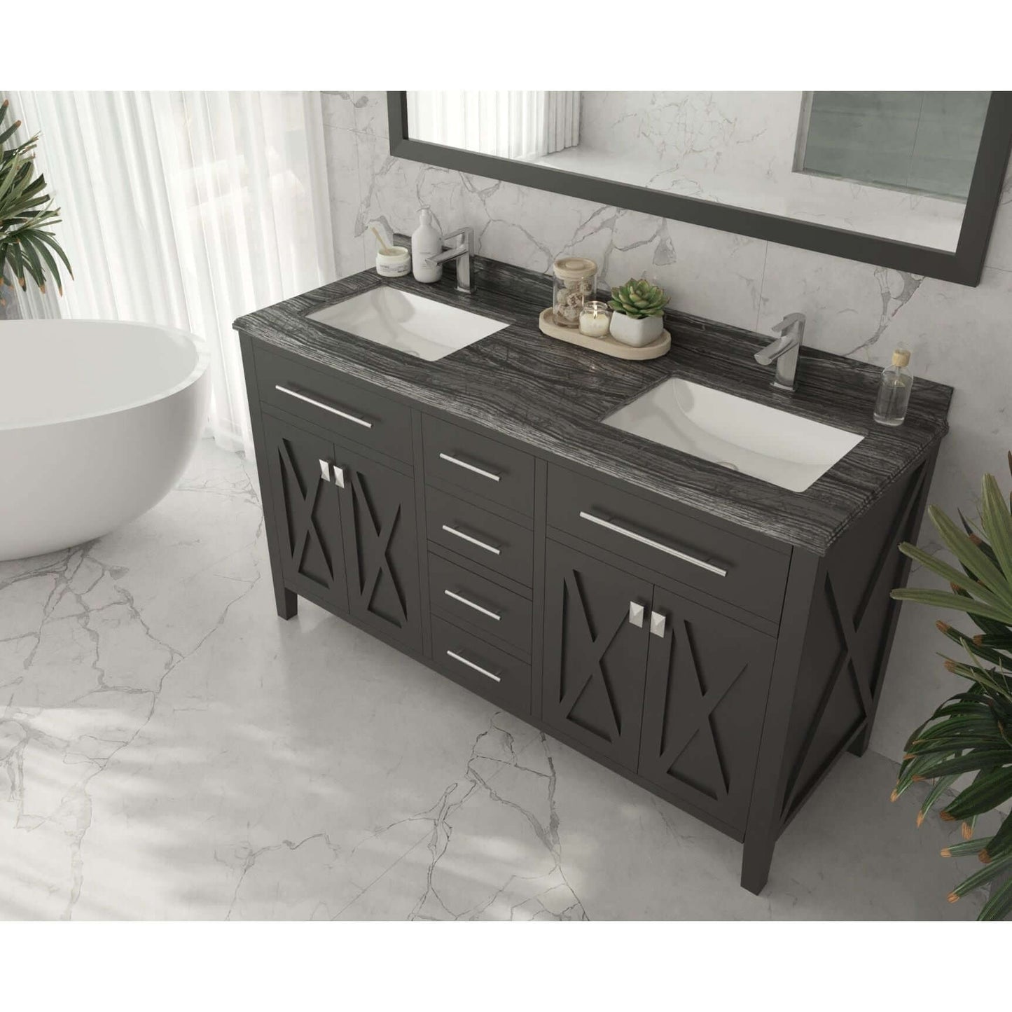 Wimbledon 60" Espresso Double Sink Bathroom Vanity with Black Wood Marble Countertop - 313YG319-60E-BW