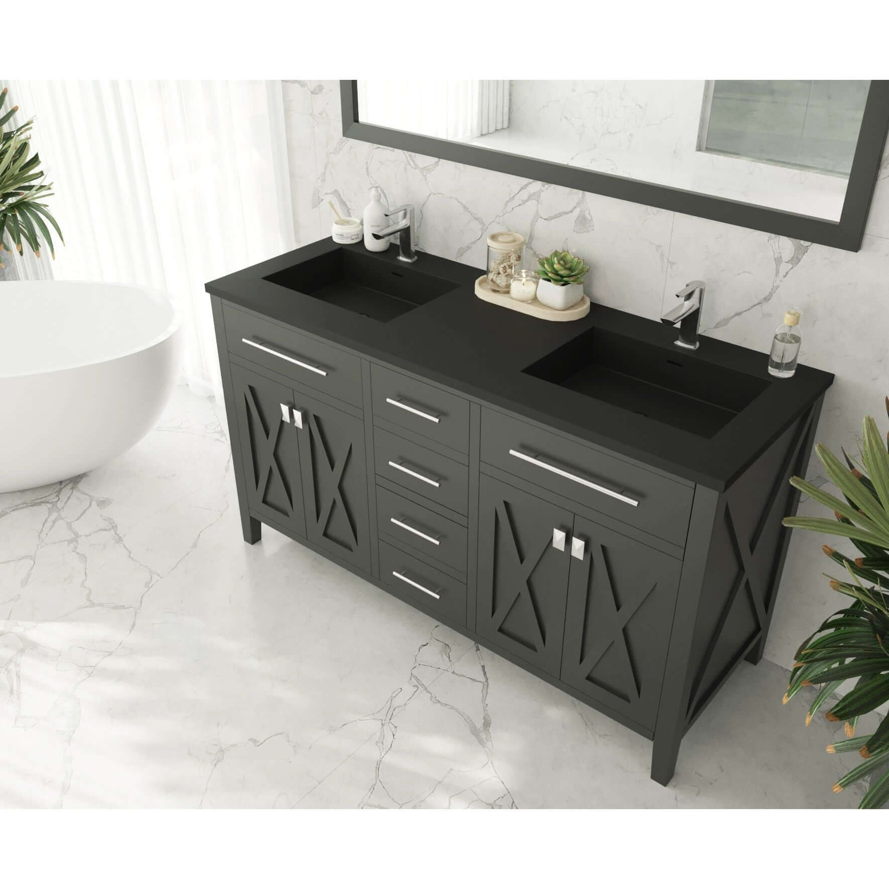 Wimbledon 60" Espresso Double Sink Bathroom Vanity with Matte Black VIVA Stone Solid Surface Countertop - 313YG319-60E-MB