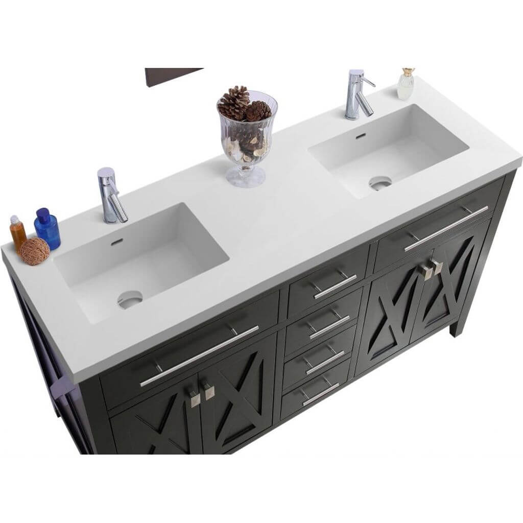 Wimbledon 60" Espresso Double Sink Bathroom Vanity with Matte White VIVA Stone Solid Surface Countertop - 313YG319-60E-MW