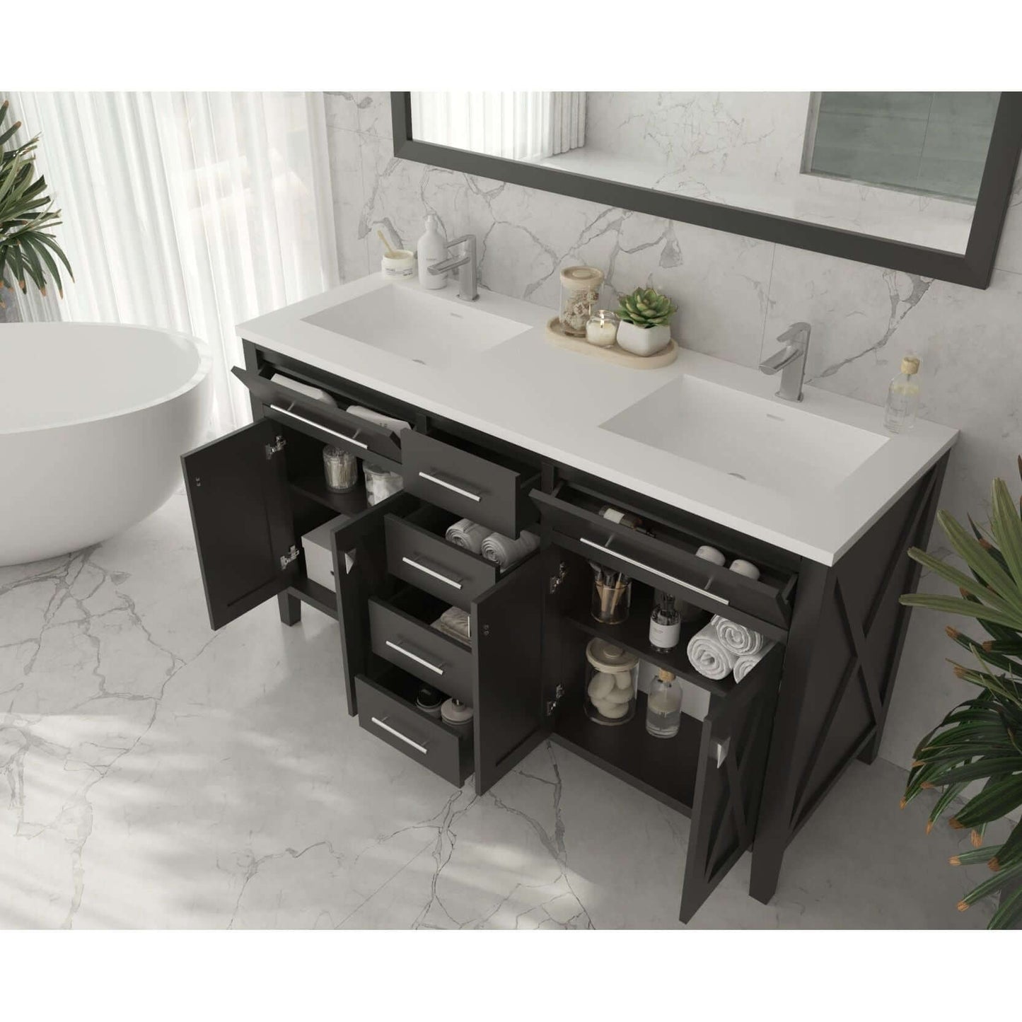 Wimbledon 60" Espresso Double Sink Bathroom Vanity with Matte White VIVA Stone Solid Surface Countertop - 313YG319-60E-MW