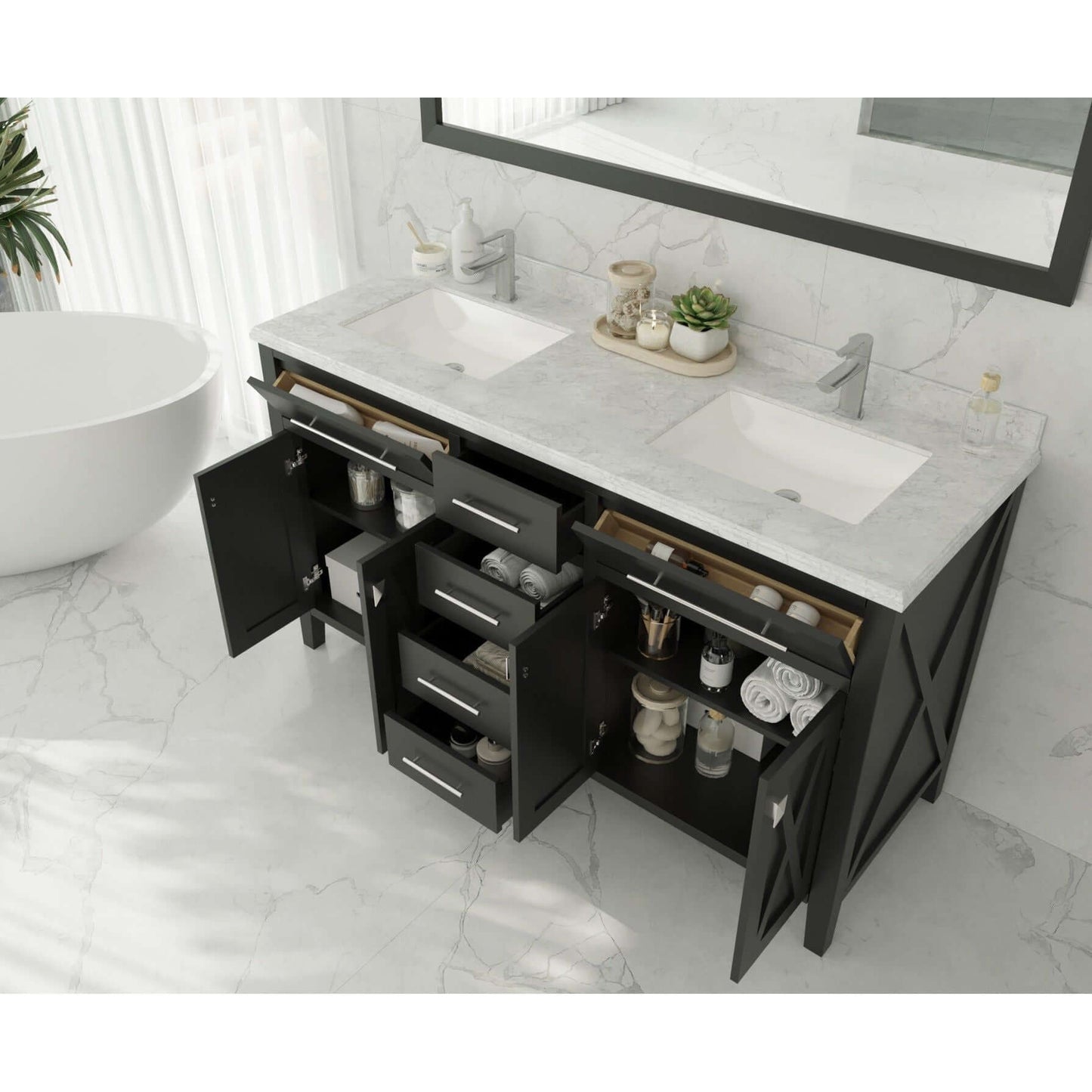 Wimbledon 60" Espresso Double Sink Bathroom Vanity with White Carrara Marble Countertop - 313YG319-60E-WC