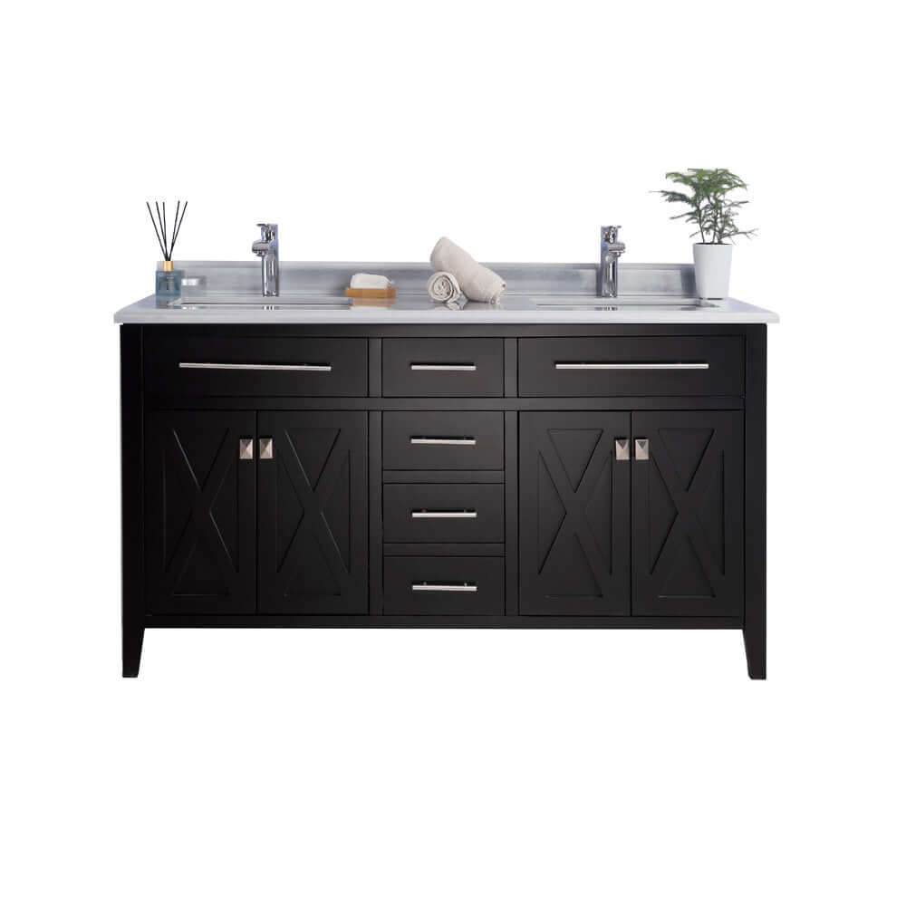 Wimbledon 60" Espresso Double Sink Bathroom Vanity with White Stripes Marble Countertop - 313YG319-60E-WS