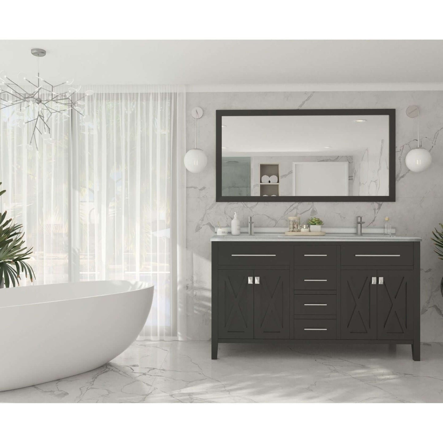 Wimbledon 60" Espresso Double Sink Bathroom Vanity with White Stripes Marble Countertop - 313YG319-60E-WS