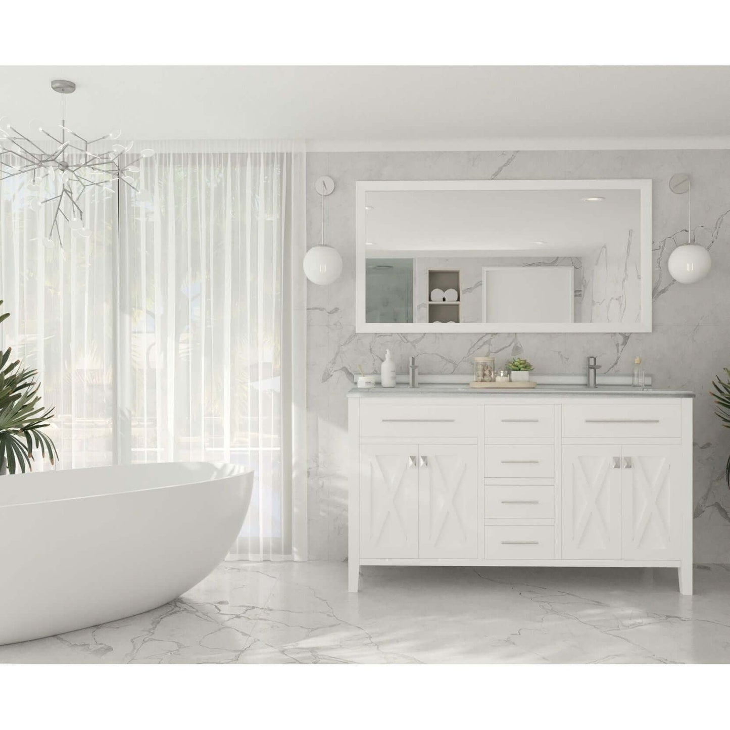 Wimbledon 60" White Double Sink Bathroom Vanity with White Stripes Marble Countertop - 313YG319-60W-WS