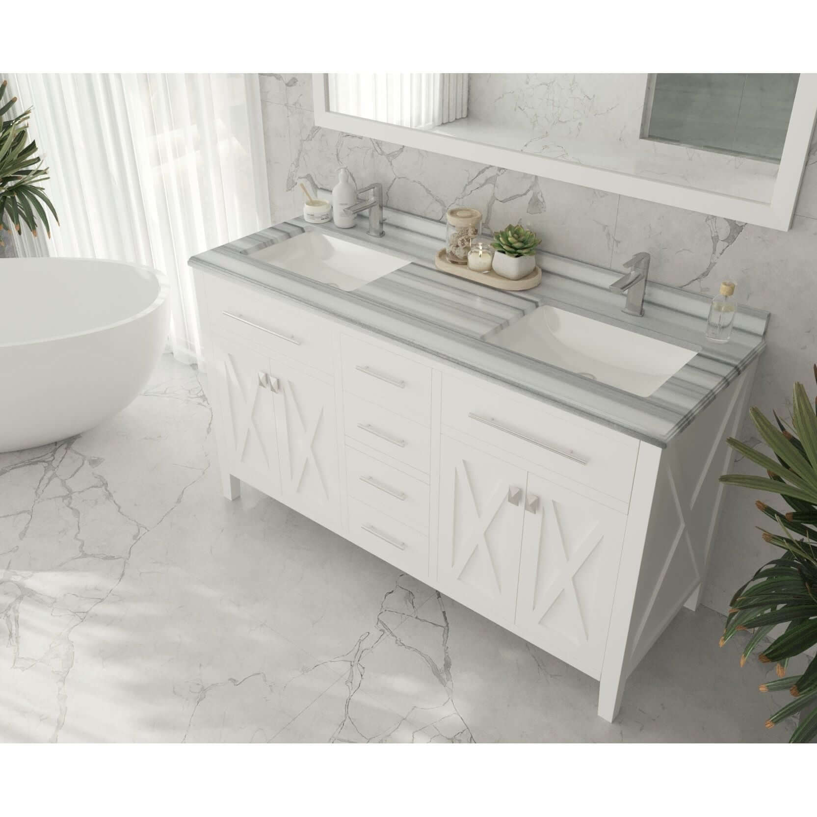 Wimbledon 60" White Double Sink Bathroom Vanity with White Stripes Marble Countertop - 313YG319-60W-WS