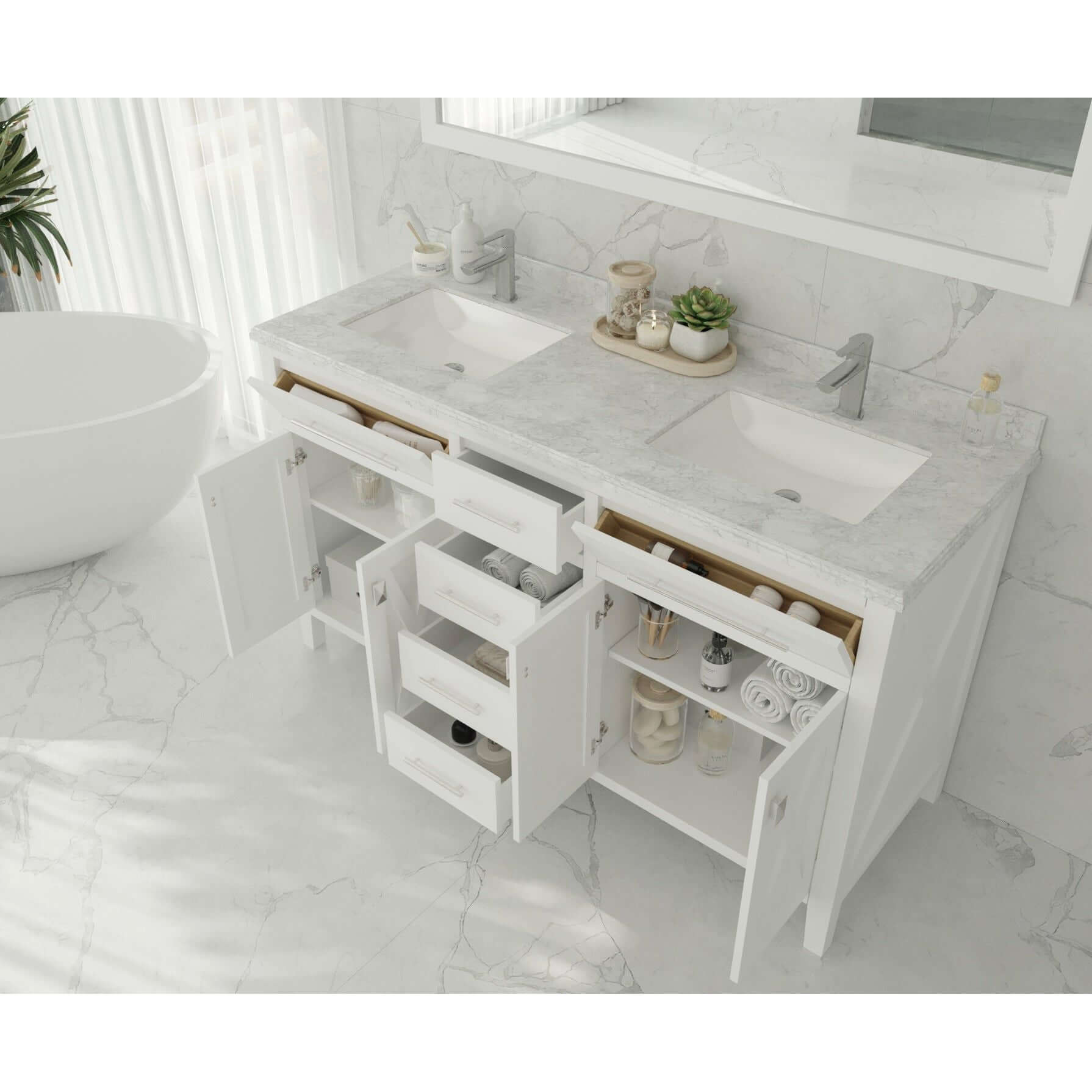 Wimbledon 60" White Double Sink Bathroom Vanity with White Stripes Marble Countertop - 313YG319-60W-WS