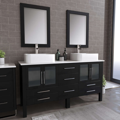 63" Double Sink Vanity Set with White Porcelain Vessel Sinks and Polished Chrome Pluming - 8119