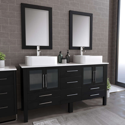 63" Double Sink Vanity Set with White Porcelain Vessel Sinks and Polished Chrome Pluming - 8119