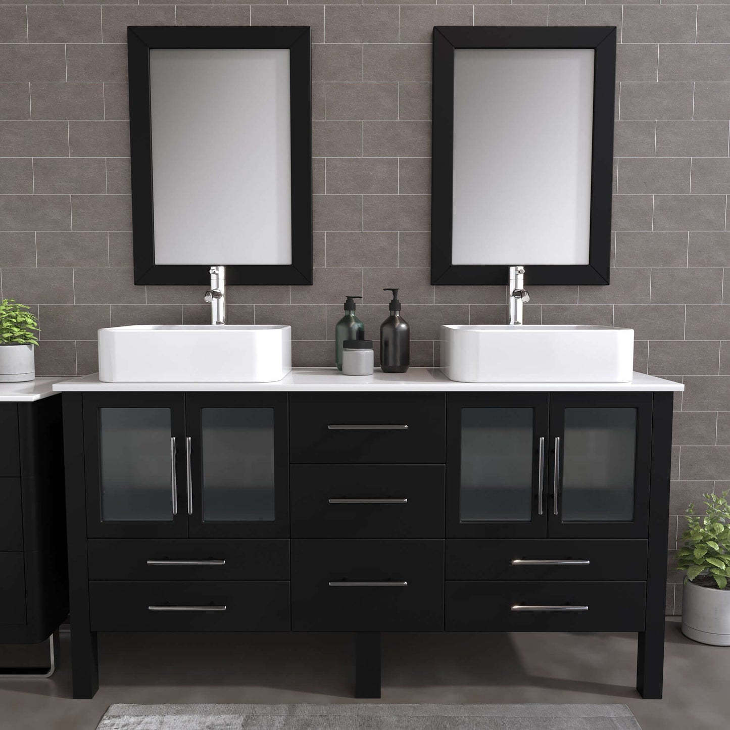 63" Double Sink Vanity Set with White Porcelain Vessel Sinks and Polished Chrome Pluming - 8119