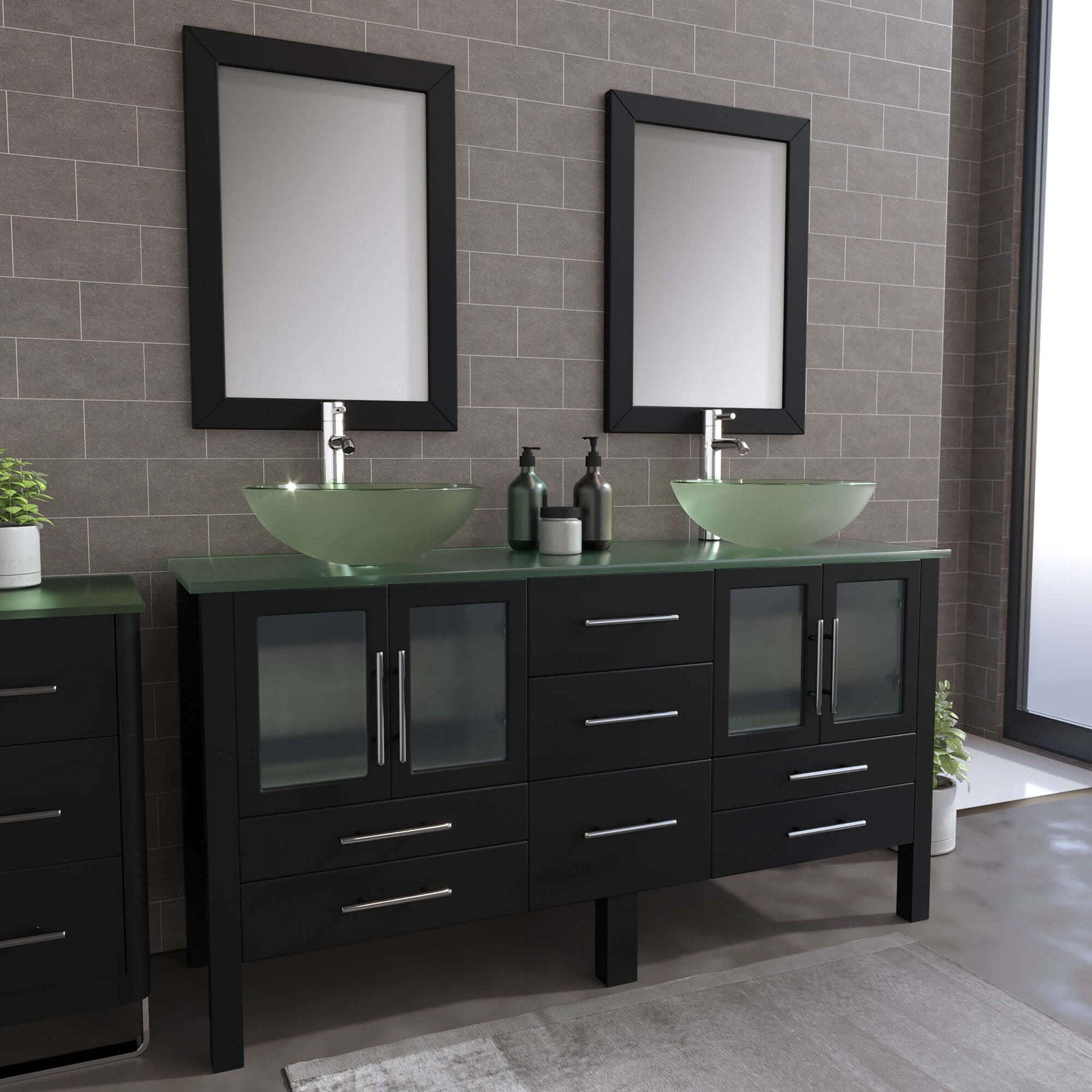 63" Double Sink Vanity Set with Glass Vessel Sinks and Polished Chrome Pluming - 8119-B