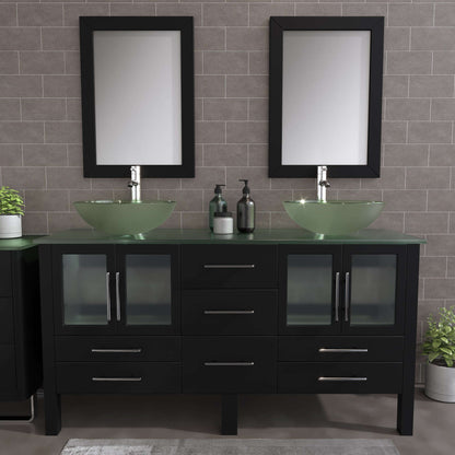 63" Double Sink Vanity Set with Glass Vessel Sinks and Polished Chrome Pluming - 8119-B