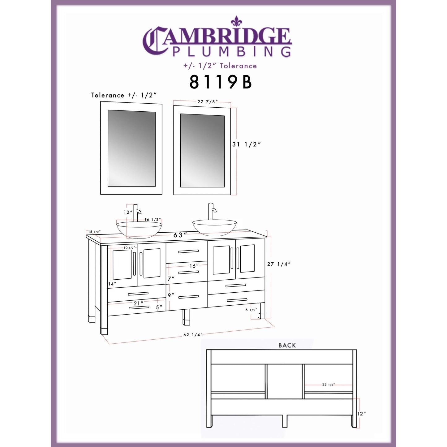 63" Double Sink Vanity Set with Glass Vessel Sinks and Polished Chrome Pluming - 8119-B