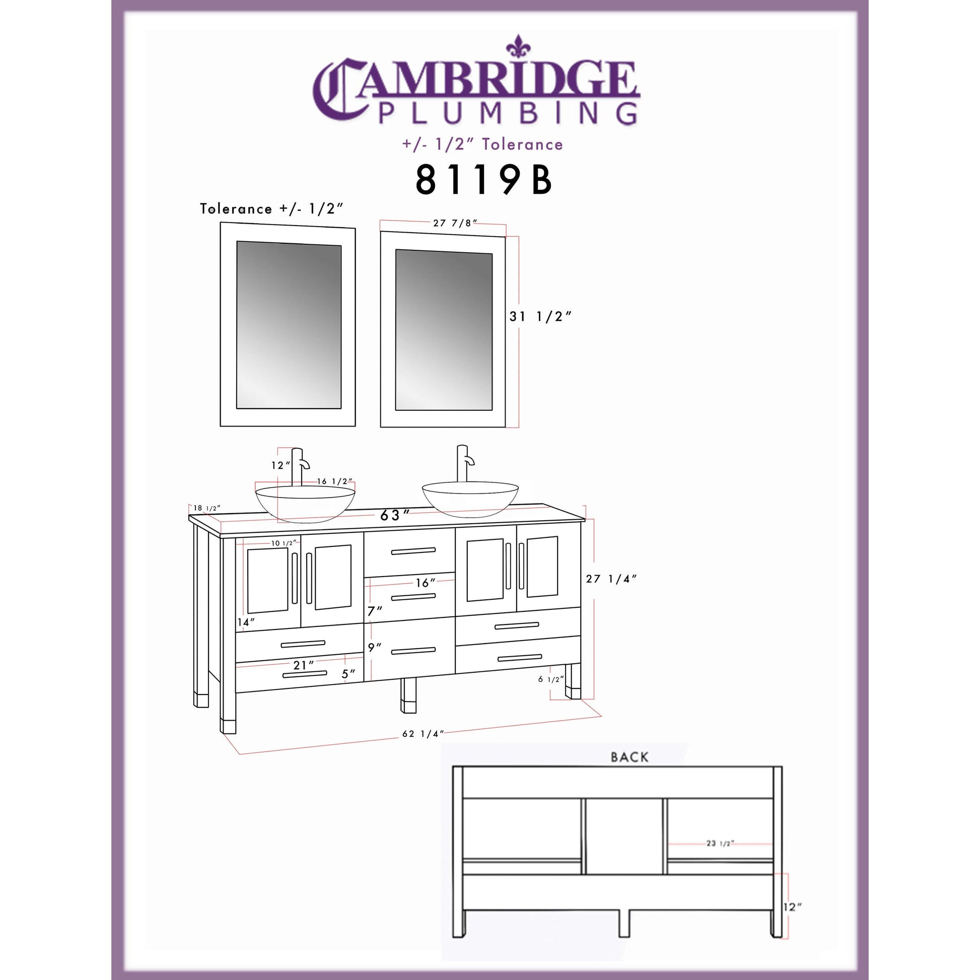 63" Double Sink Vanity Set with Glass Vessel Sinks and Polished Chrome Pluming - 8119-B