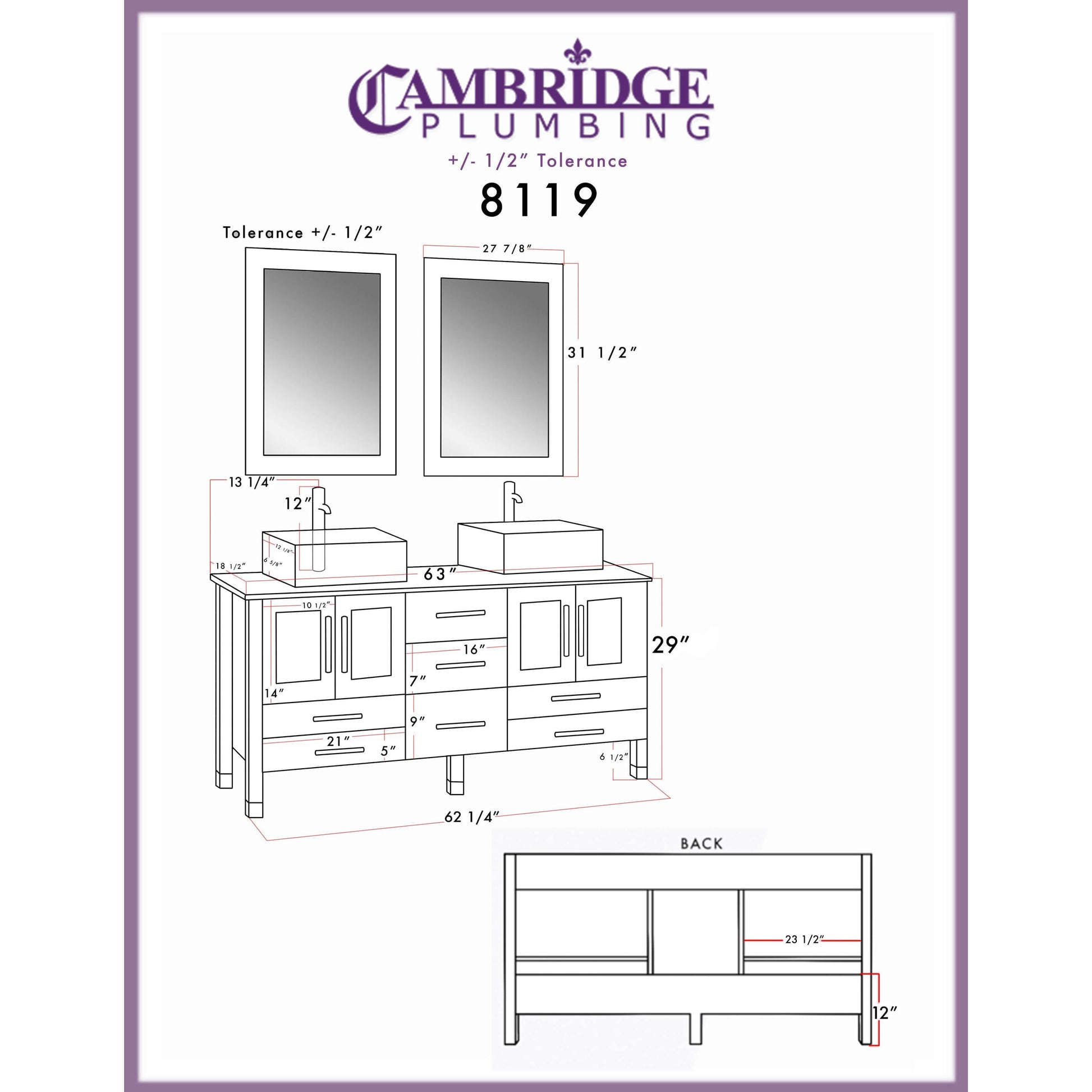 63" Double Sink Vanity Set with White Porcelain Vessel Sinks and Polished Chrome Pluming - 8119