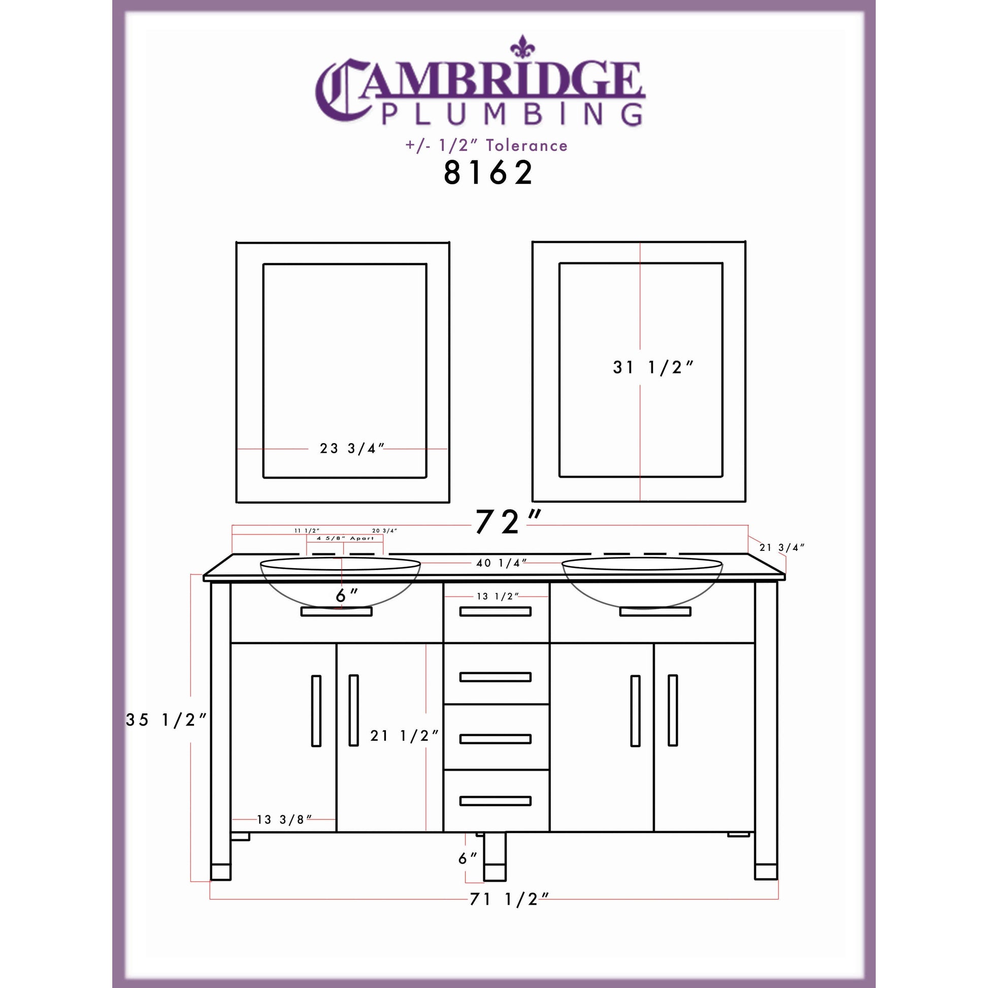 72" White Solid Wood and Porcelain Double Vanity Set - 8162W