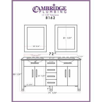 72" White Solid Wood and Porcelain Double Vanity Set - 8162W