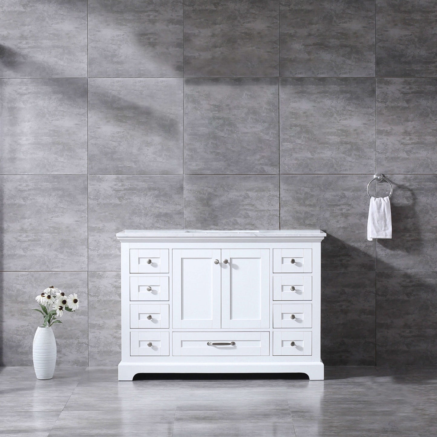 Dukes 48" White Single Vanity, White Carrara Marble Top, White Square Sink and no Mirror - LD342248SADS000