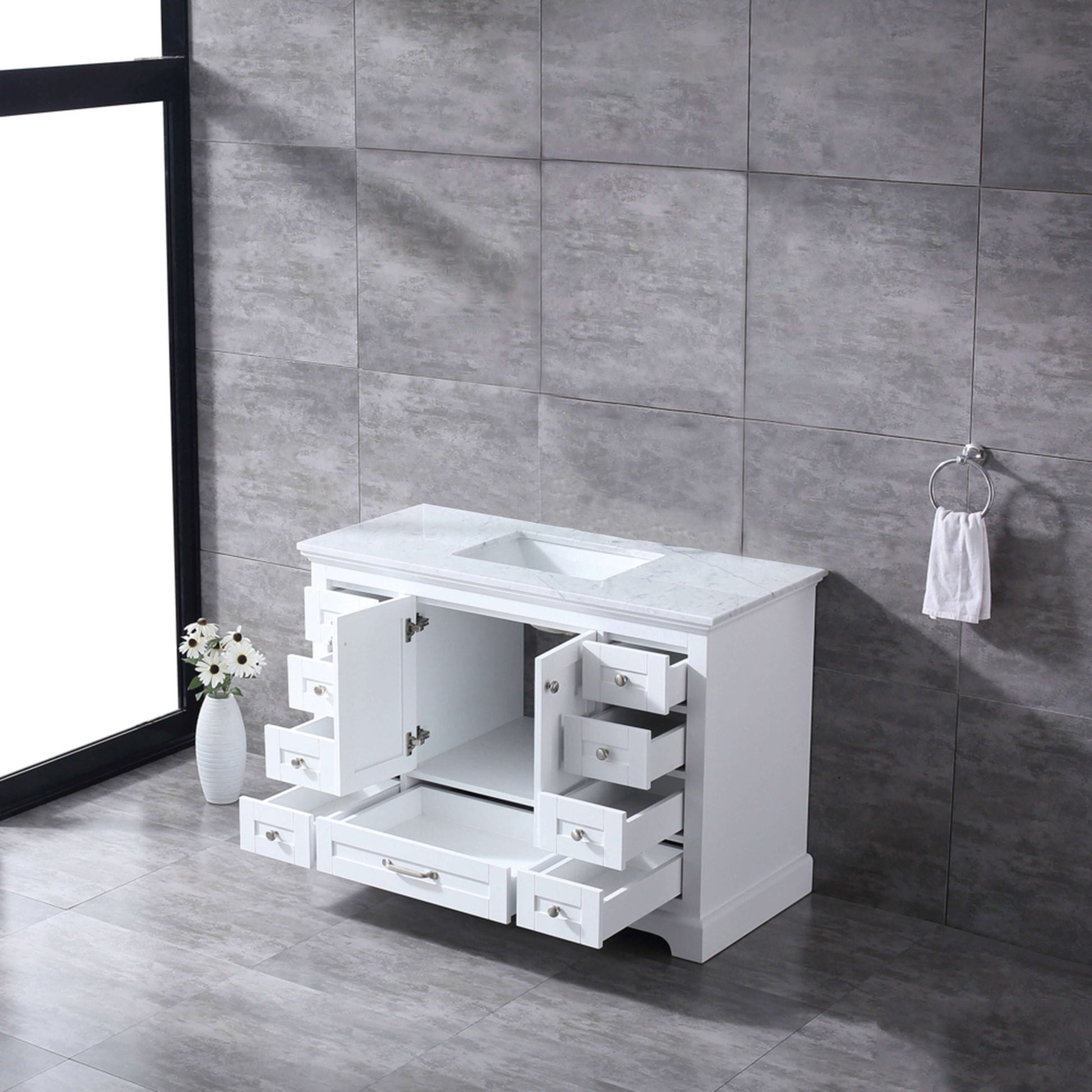 Dukes 48" White Single Vanity, White Carrara Marble Top, White Square Sink and no Mirror - LD342248SADS000