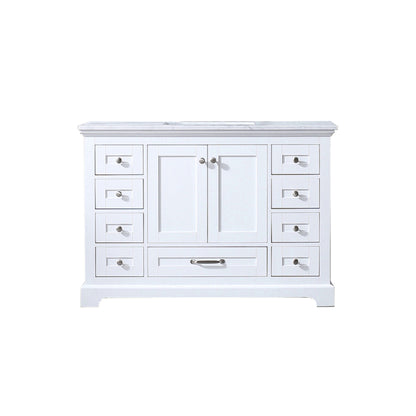 Dukes 48" White Single Vanity, White Carrara Marble Top, White Square Sink and no Mirror - LD342248SADS000