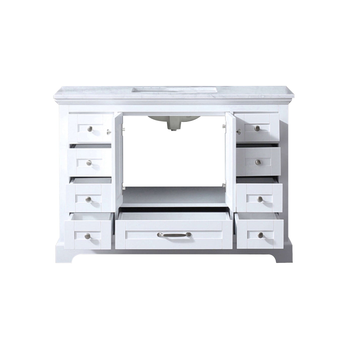 Dukes 48" White Single Vanity, White Carrara Marble Top, White Square Sink and no Mirror - LD342248SADS000