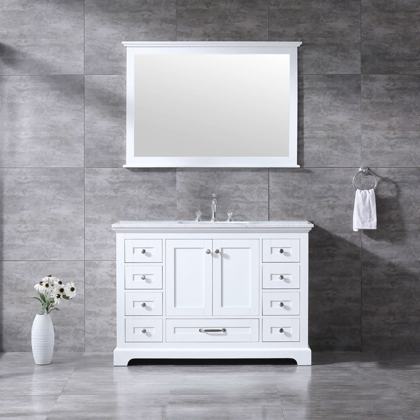 Dukes 48" White Single Vanity, White Carrara Marble Top, White Square Sink and 46" Mirror - LD342248SADSM46