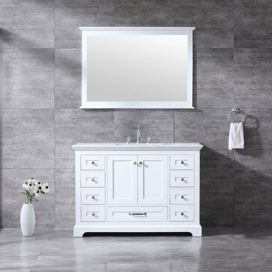 Dukes 48" White Single Vanity, White Carrara Marble Top, White Square Sink and 46" Mirror - LD342248SADSM46